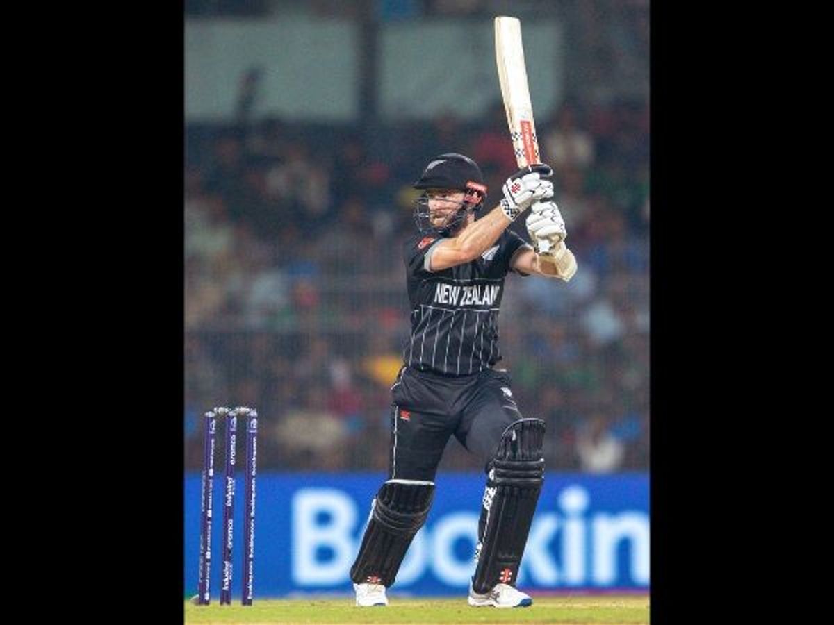 New Zealand captain Kane Williamson plays a shot during the ICC Men's Cricket World Cup 2023 match against Bangladesh at MA Chidambaram Stadium in Chennai