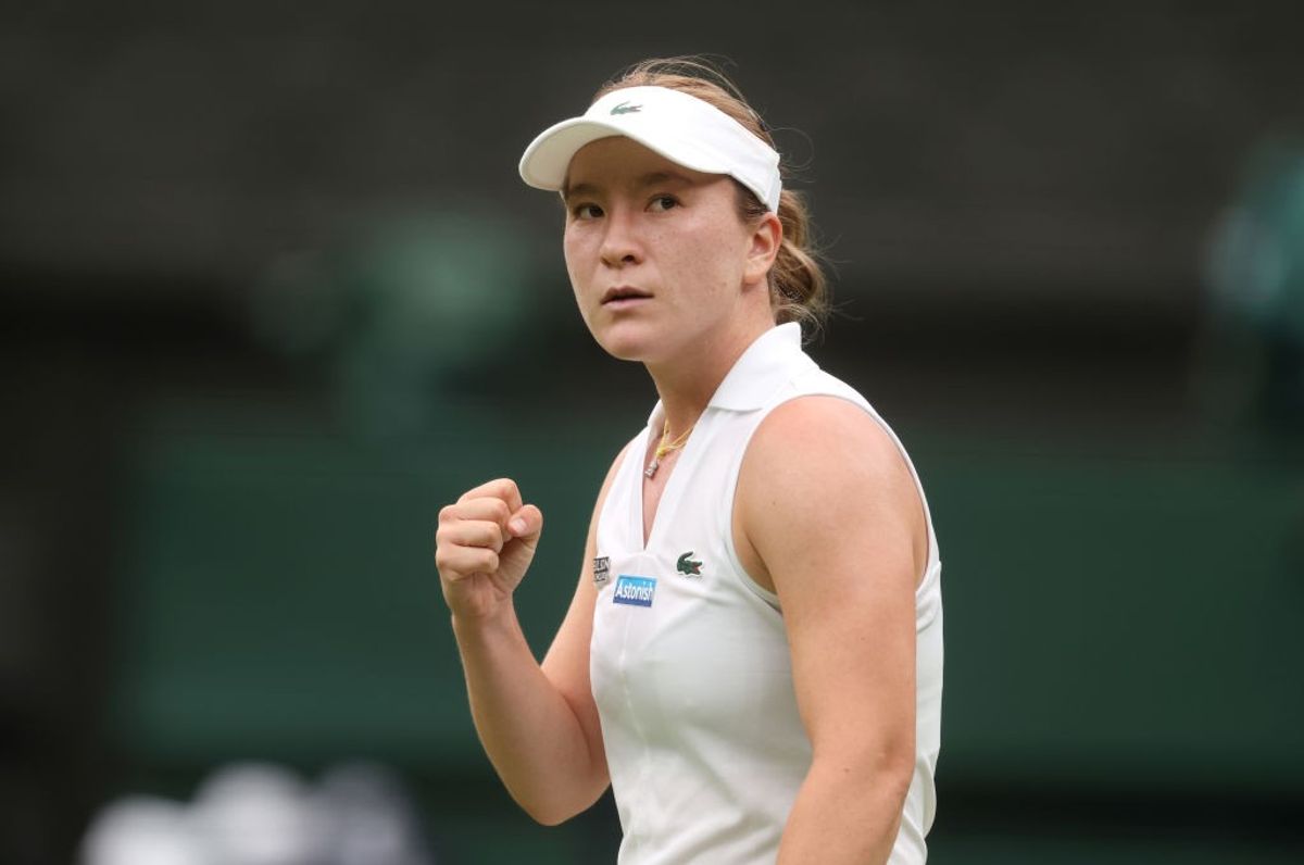 New Zealand's Lulu Sun celebrates after winning a point in Wimbledon 2024