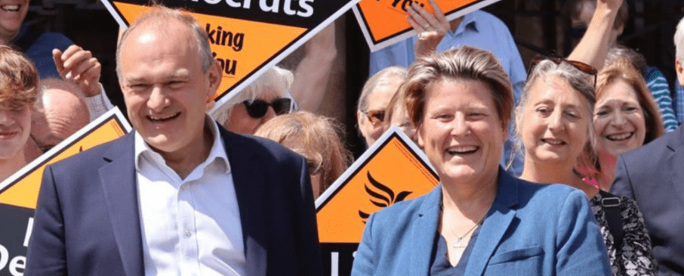 Newly elected Liberal Democrat MP Sarah Dyke with party leader Sir Ed Davey in Frome Somerset