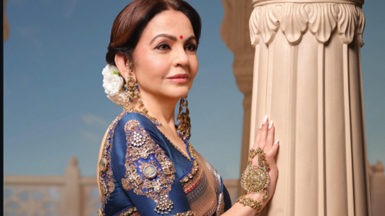 Nita Ambani stuns in blue Banarasi saree at Swadesh launch