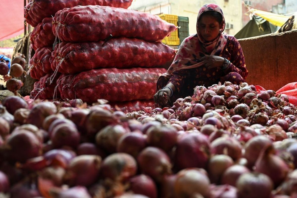 Onions at a vegetable market in New Delhi