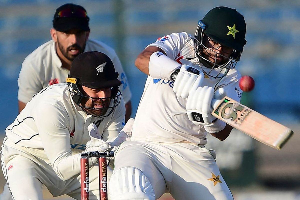 Pakistan batter Imam-ul-Haq plays a shot in 2nd Test against New Zealand in Karachi