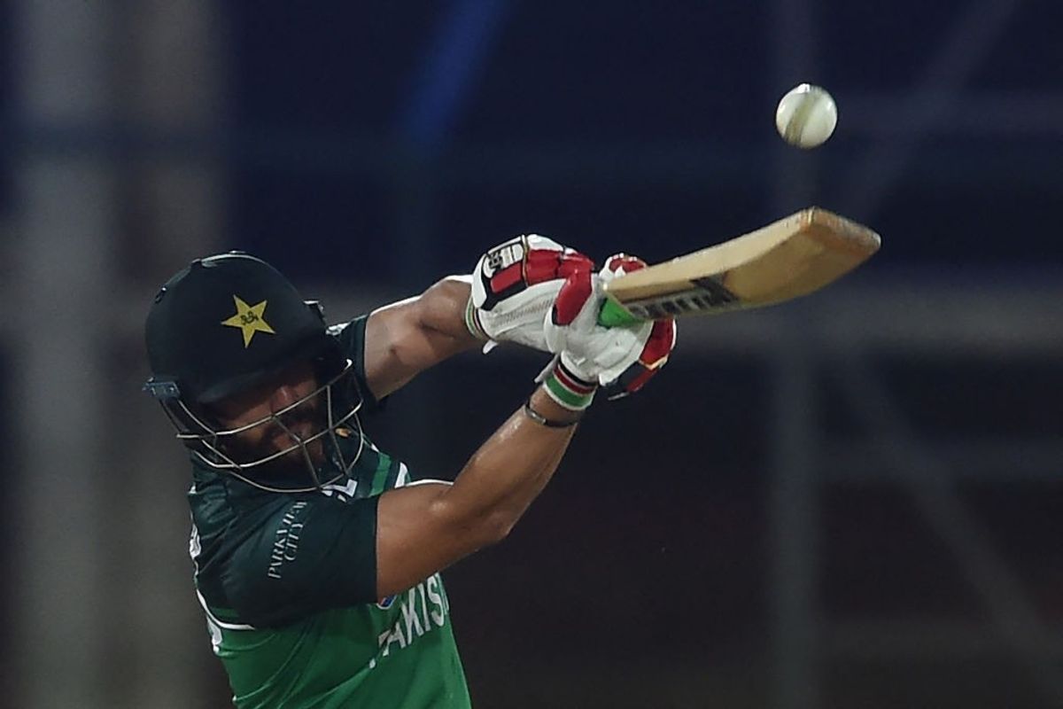 Pakistan's Agha Salman plays a shot during the fifth and final One-Day International (ODI) cricket match between Pakistan and New Zealand
