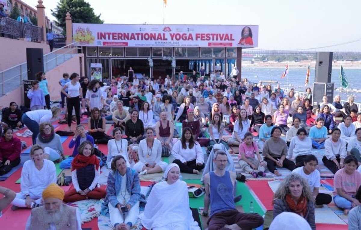 Participants at the International Yoga at Parmarth Niketan in Rishikesh in the northern Indian state of Uttarakhand