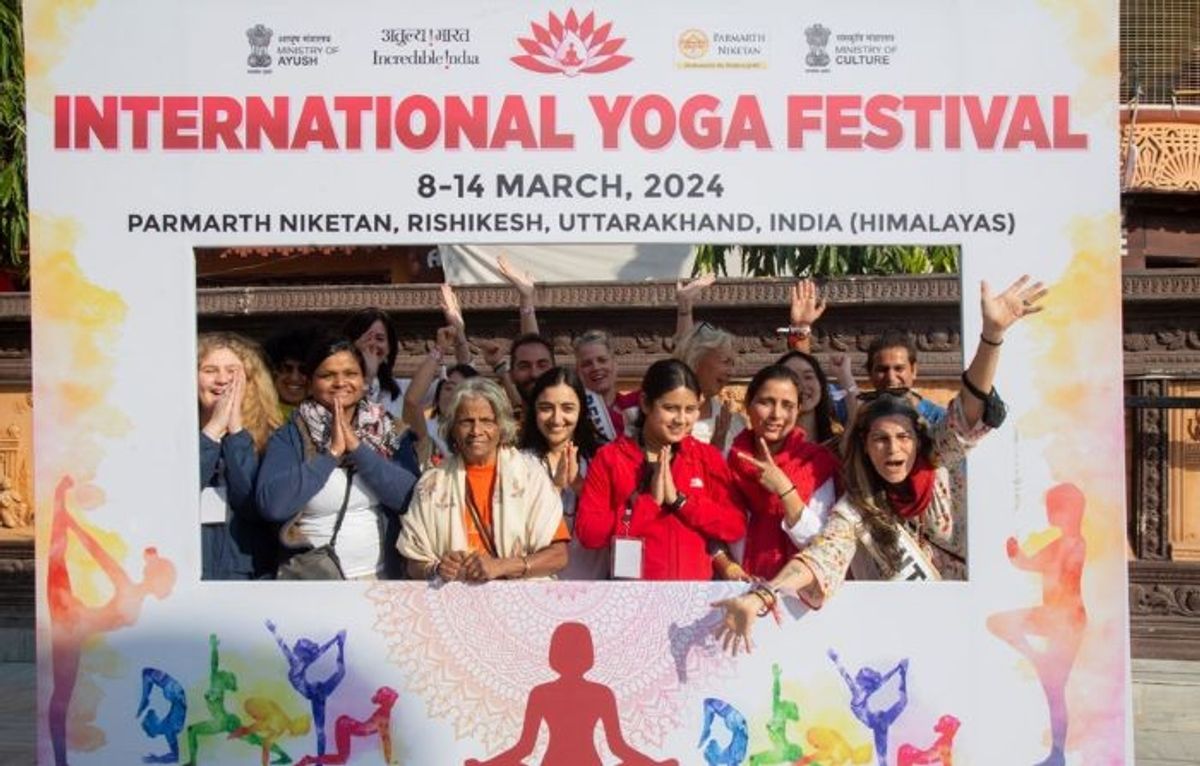 Participants of the International Yoga Festival 2024 at Parmarth Niketan Ashram in the north Indian state of Uttarakhand