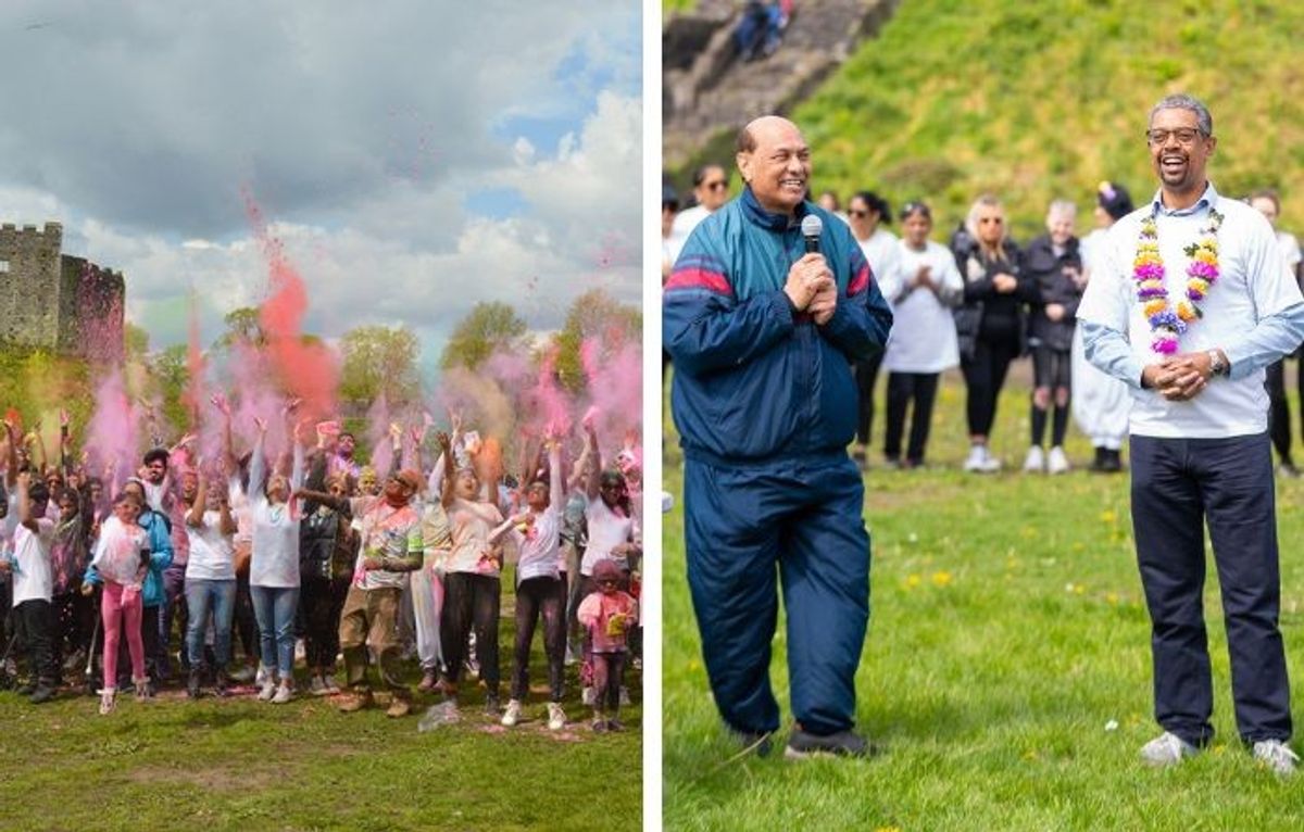 People celebrate Holi at Cardiff Castle (L) and Indian honorary consul in Wales Raj Aggarwal speak with Welsh first minister Vaughan Gething on April 28, 2024.