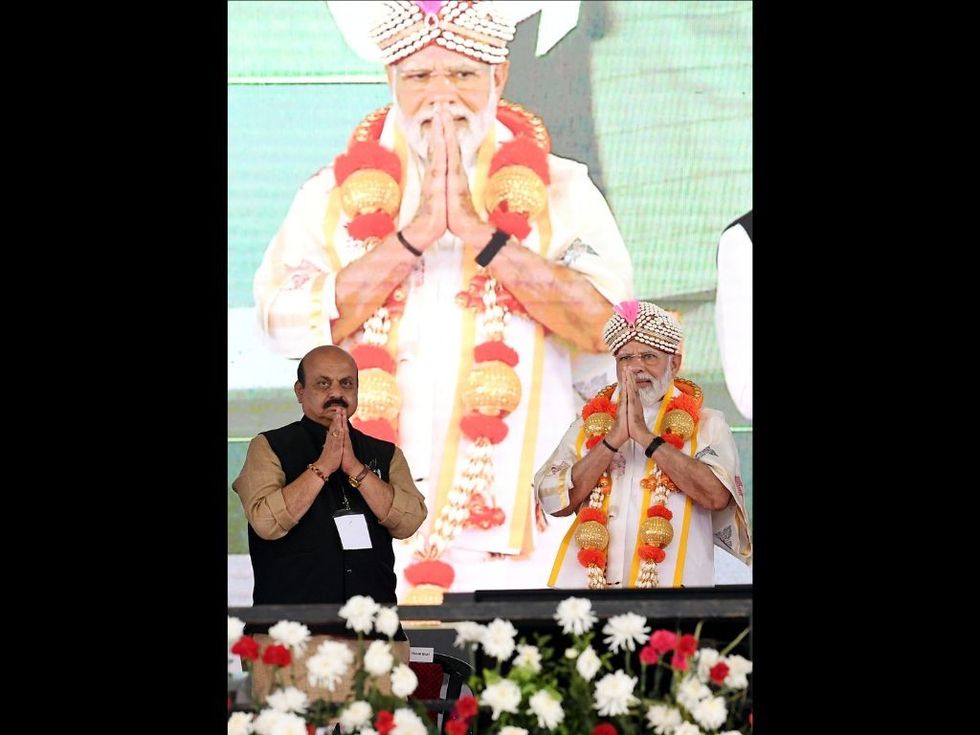 Prime minister Narendra Modi with Basavaraj Bommai, the chief minister of Karnataka