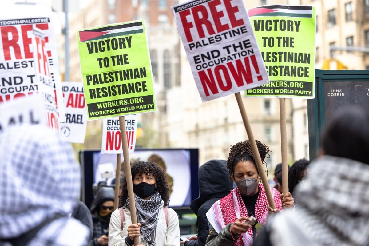 Pro-Palestinian protesters hold a small rally outside of Columbia University on April 24, 2024 in New York City, US.