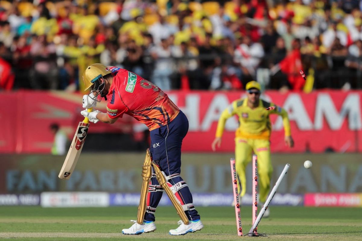 Punjab Kings' Rilee Rossouw is bowled out during an Indian Premier League 2024 match against Chennai Super Kings