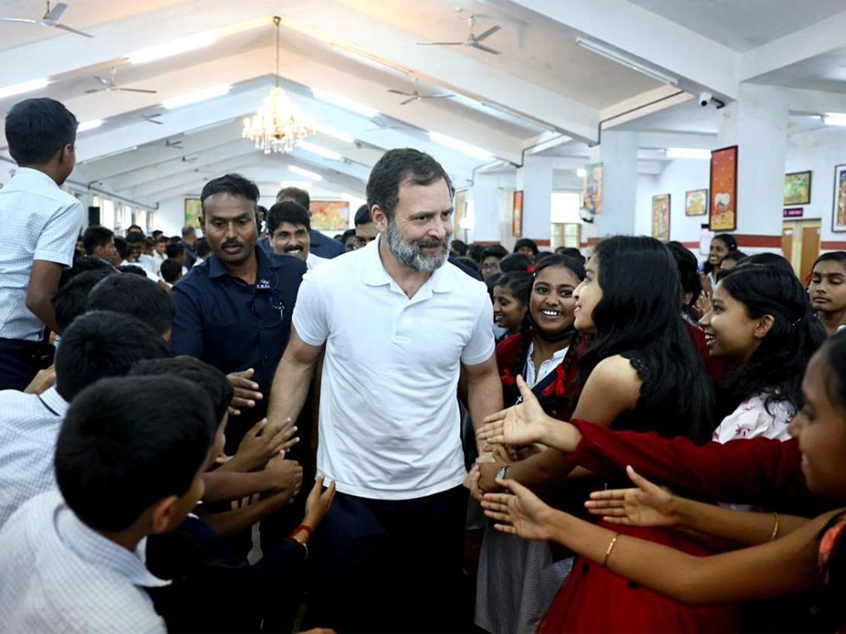Rahul Gandhi interacts with students in Wayanad, his former parliamentary constituency, in southern state of Kerala.