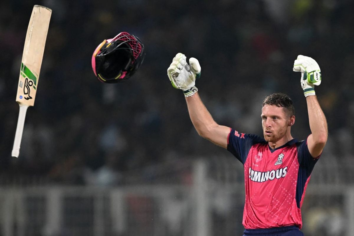 Rajasthan Royals' Jos Buttler celebrates after winning an IPL 2024 match against Kolkata Knight Riders