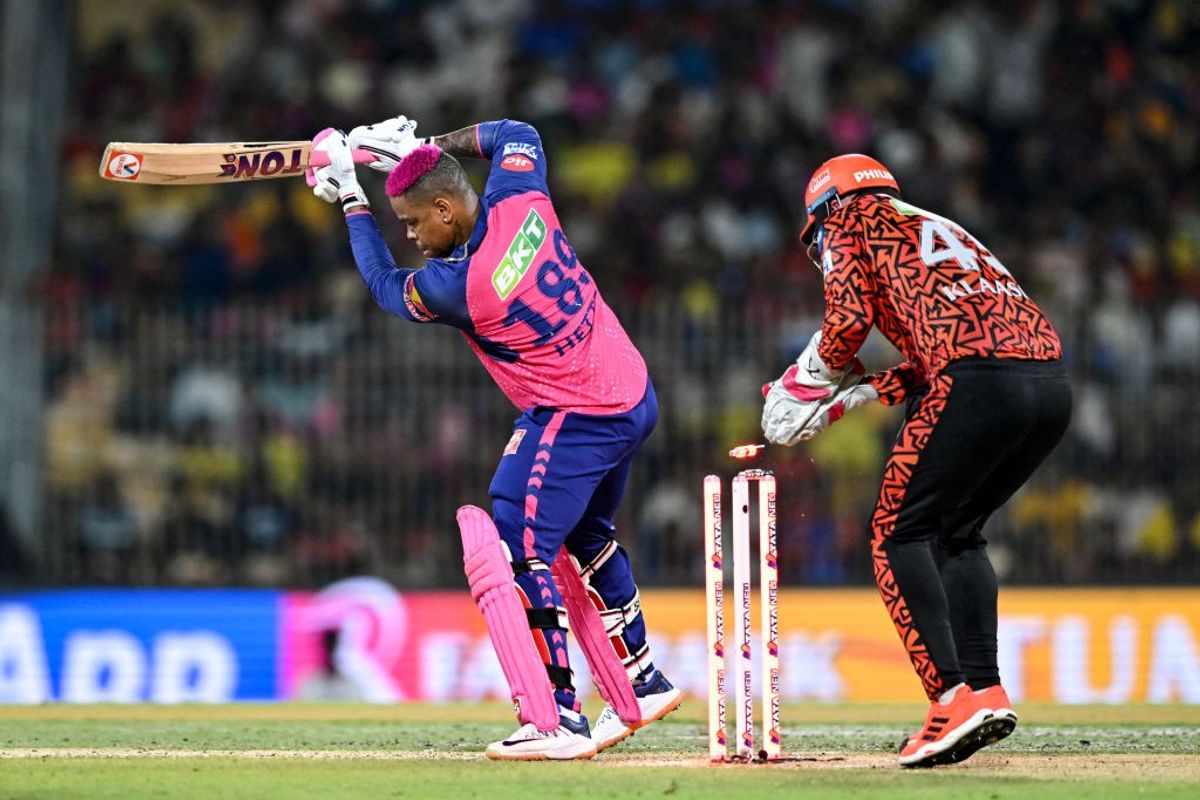Rajasthan Royals' Shimron Hetmyer gets bowled in the qualifier match against Sunrisers Hyderabad in Chennai on May 24