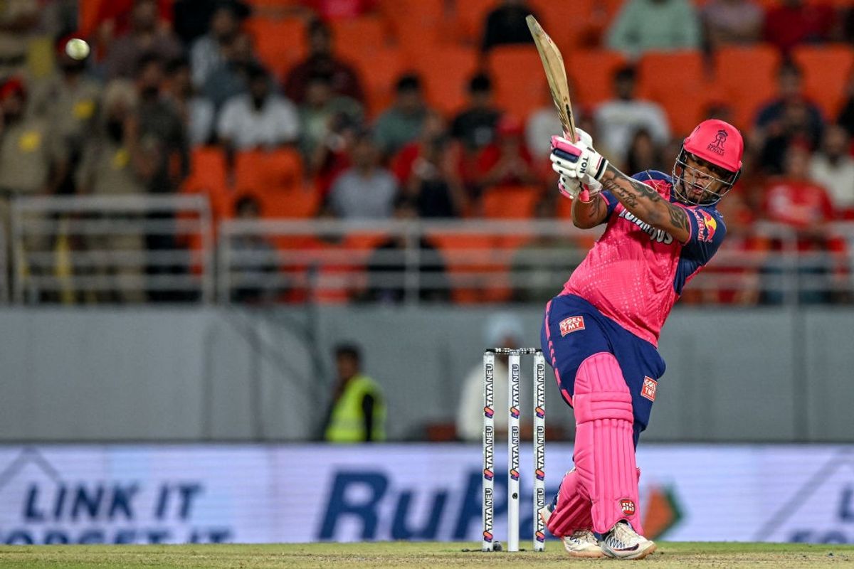 Rajasthan Royals' Shimron Hetmyer plays a shot against Punjab Kings in IPL 2024