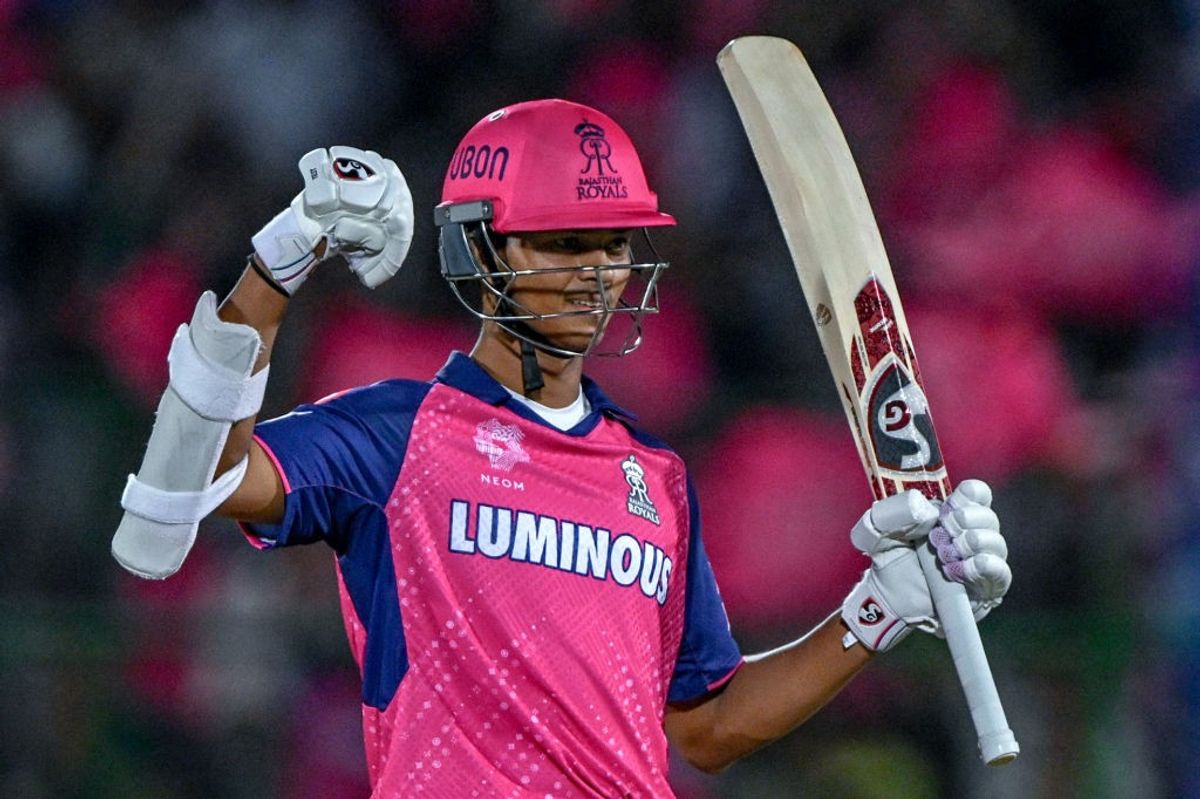 Rajasthan Royals' Yashasvi Jaiswal celebrates during his match-winning unbeaten ton against Mumbai Indians in IPL 2024