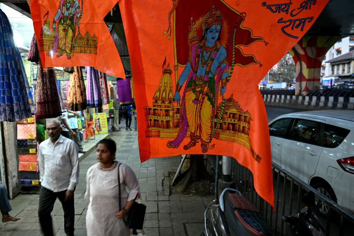Ram temple flags at a shop in Ayodhya in India's UP