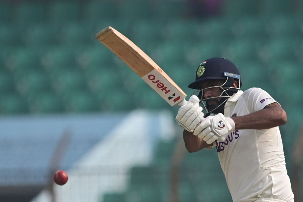 Ravichandran Ashwin plays a shot in a Test match against Bangladesh