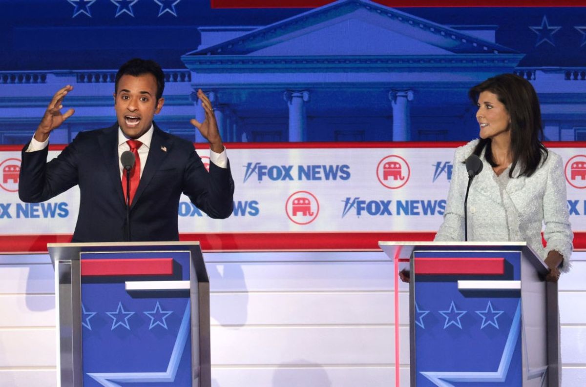 Republican presidential candidates Vivek Ramaswamy and Nikki Haley participate in the first debate of the GOP primary season