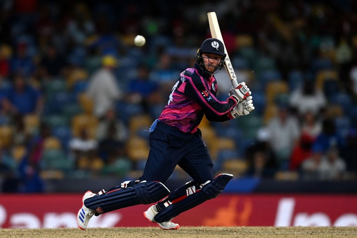 Richie Berrington of Scotland plays a shot during an ICC Men's T20 Cricket World Cup match