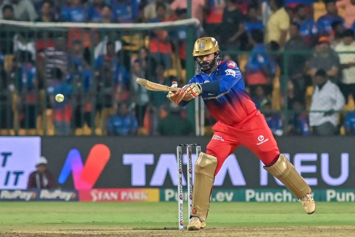 Royal Challengers Bengaluru's Dinesh Karthik plays a shot against Sunrisers Hyderabad