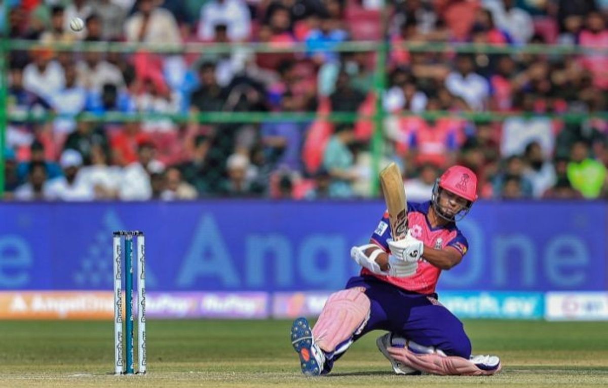 RR batter Yashasvi Jasiwal plays a shot in IPL 2024