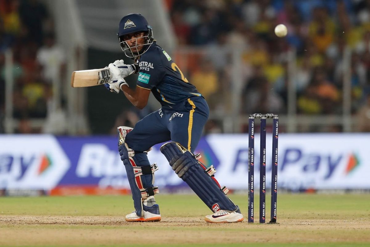 Sai Sudharsan of the Gujarat Titans plays a shot during the 2023 IPL final match