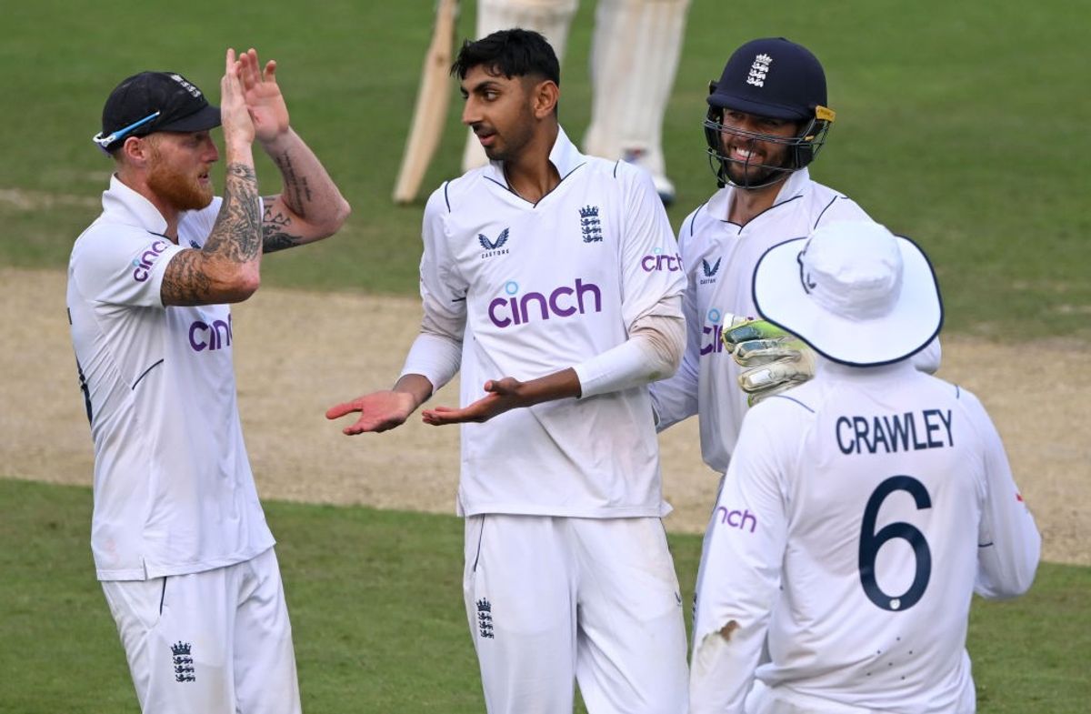 Shoaib Bashir celebrates a wicket on his first day in Test cricket