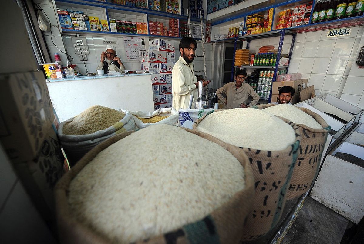 Shopkeepers at a rice shop in Rawalpindi in Pakistan.