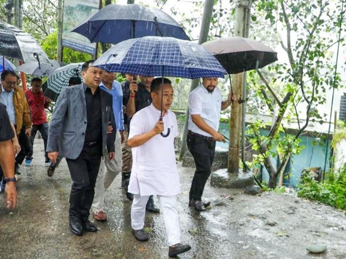 Sikkim chief minister Prem Singh Tamang inspects the situation following a cloudburst in the state on October 4, 2023.
