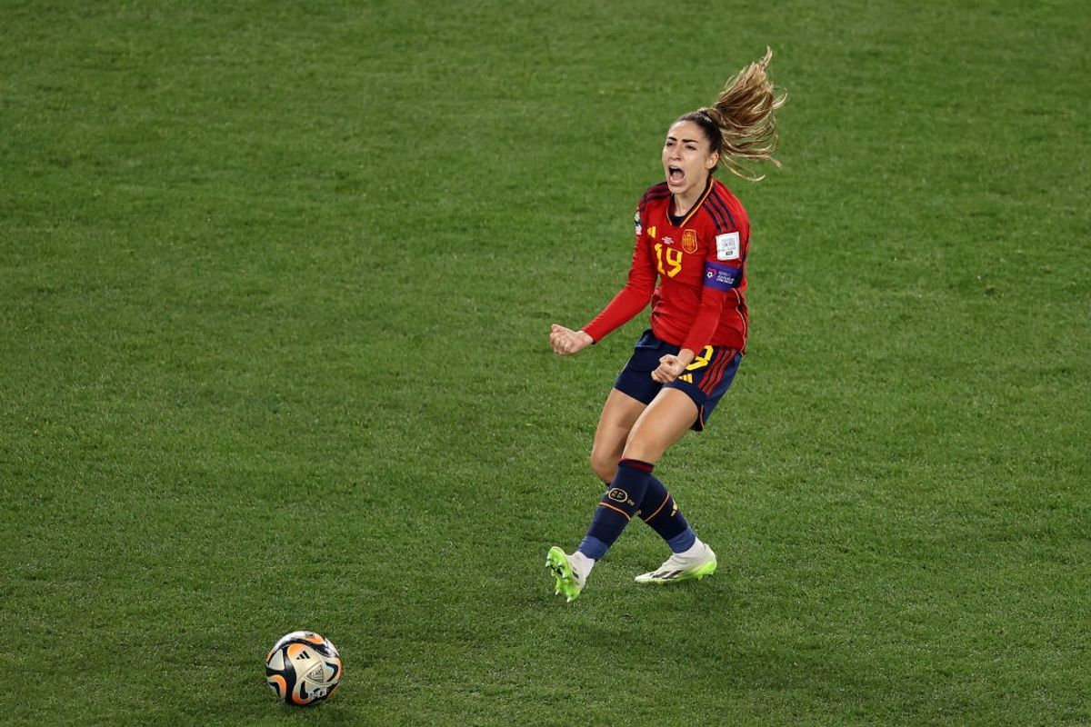 Spain woman footballer Olga Carmona exalts after scoring the winning goal for her country in the final of the world cup against England in Sydney, Australia.