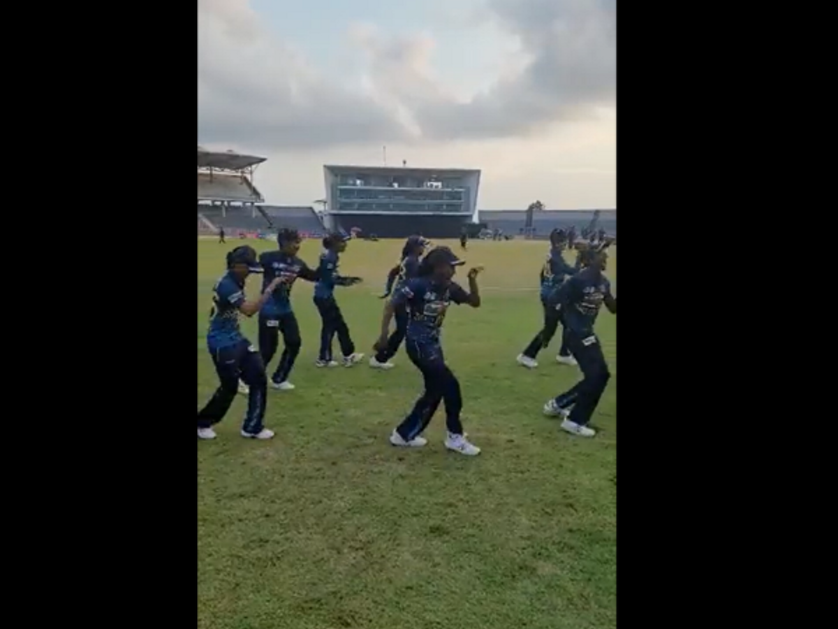 Sri Lanka women cricketers dance to celebrate their 1-run win over Pakistan in the semifinal of the Asia Cup 2022 tournament