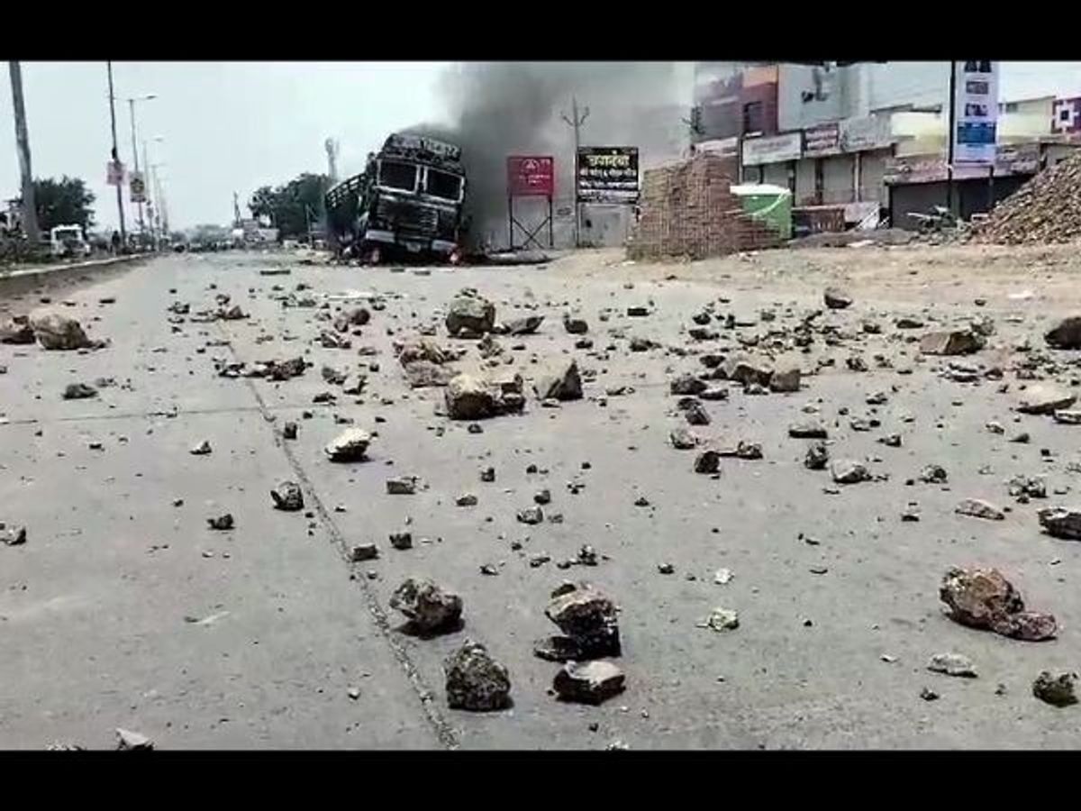 Stones lay on the street after protestors allegedly resorted to stone pelting during a protest demanding Maratha reservation, in Jalna in the western Indian state of Maharashtra