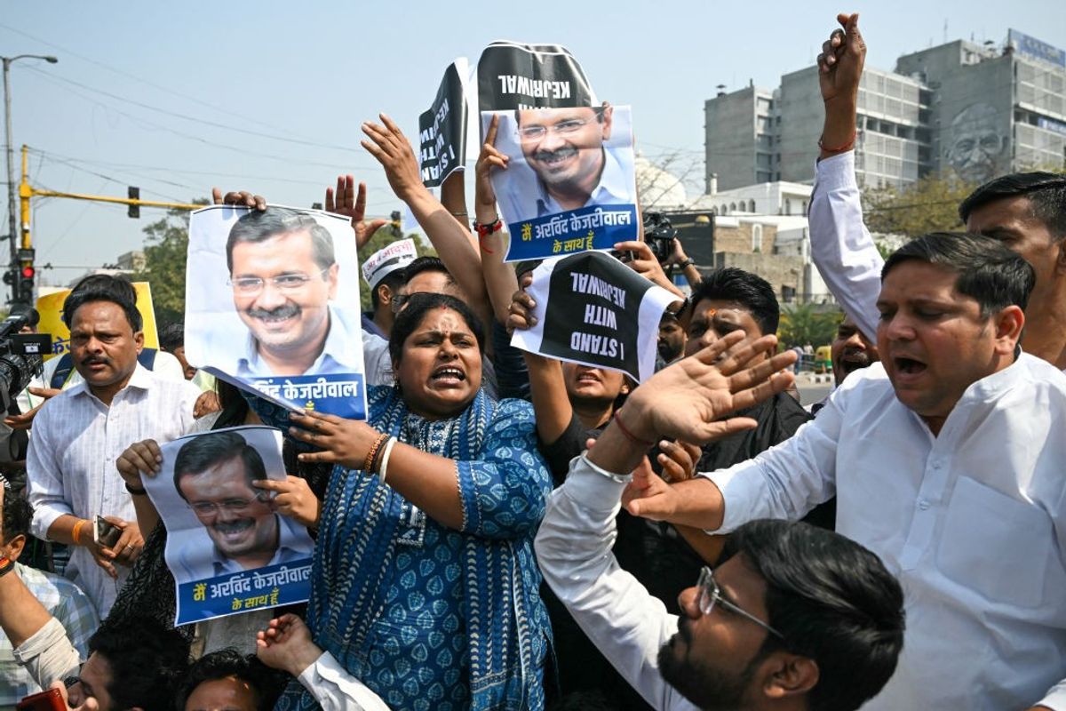 Supporters of Aam Aadmi Party protest against arrest of Delhi chief minister Arvind Kejriwal