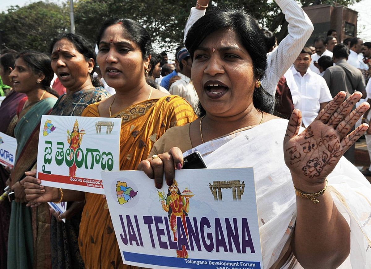 Supporters of separate Telangana state in India at a gathering.
