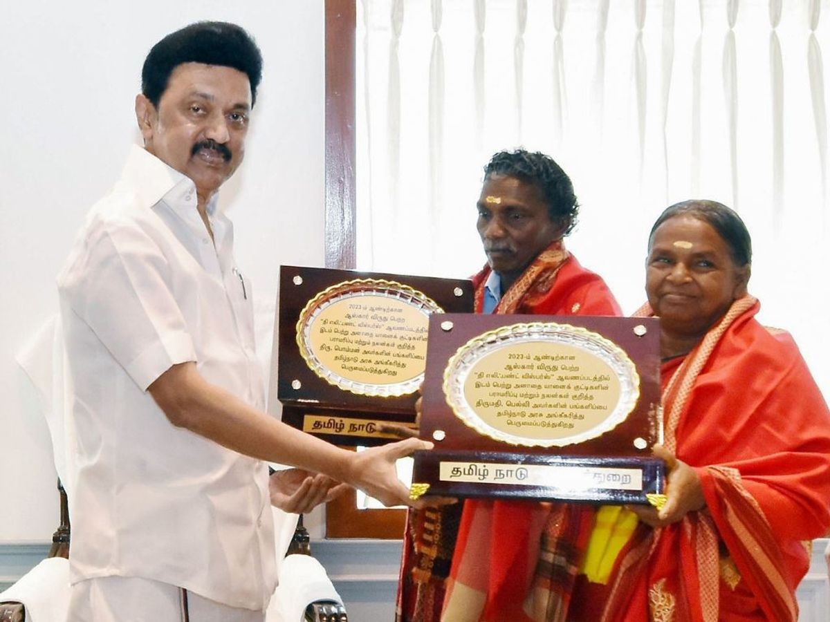 Tamil Nadu chief minister MK Stalin felicitates the elephant caretake couple Bomman and Bellie, in state capital Chennai on Wednesday, March 15, 2023.