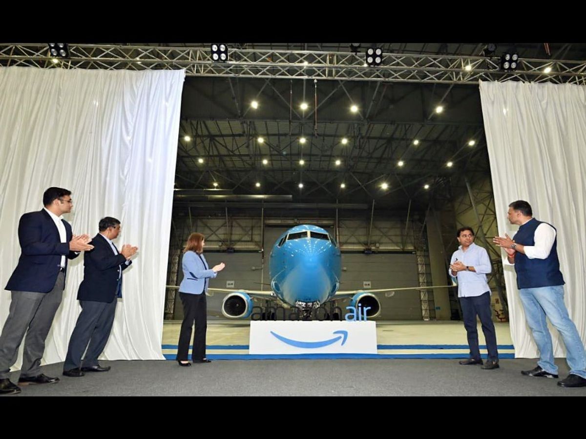 Telangana industries and commerce minister KT Rama Rao (second from right) and other officials at the inauguration of Amazon Air services
