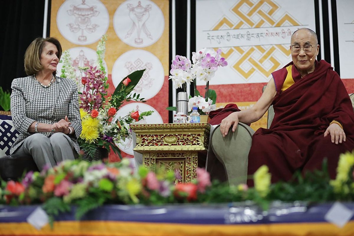 The Dalai Lama (R) and the former speaker of the US House of Representatives Nancy Pelosi in Washington Dc in June 2016.