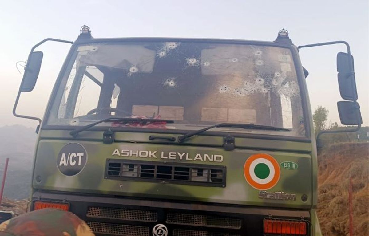 The Indian Air Force vehicle which was attacked by terrorists in the Poonch district of northern Indian Union Territory of Jammu and Kashmir