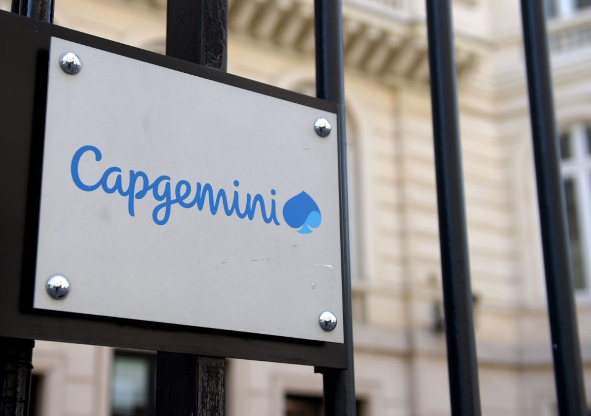 The logo of Capgemini at its headquarters in Paris, France.