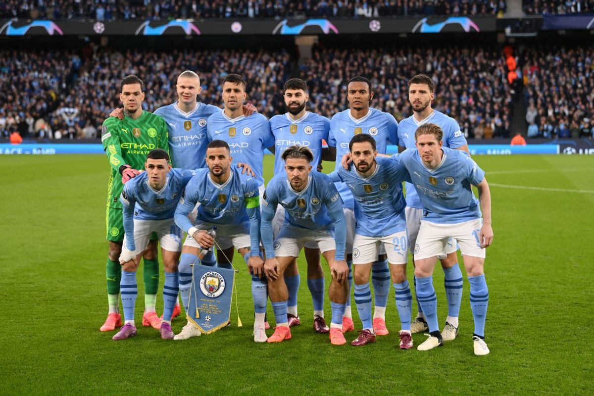 The Manchester City team line up for the team picture prior to the UEFA Champions League quarter-final second leg match between Manchester City and Real Madrid CF at Etihad Stadium on April 17, 2024 in Manchester, England