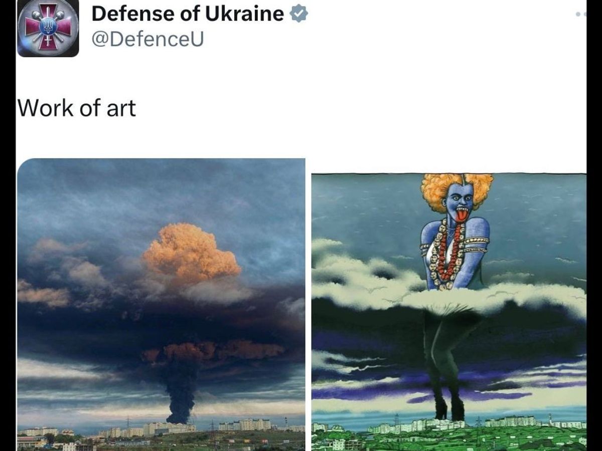 The picture of a female figure above a blast smoke resembling Hindu Goddess Kali tweeted by Ukraine's ministry of defence which was taken down after a backlash