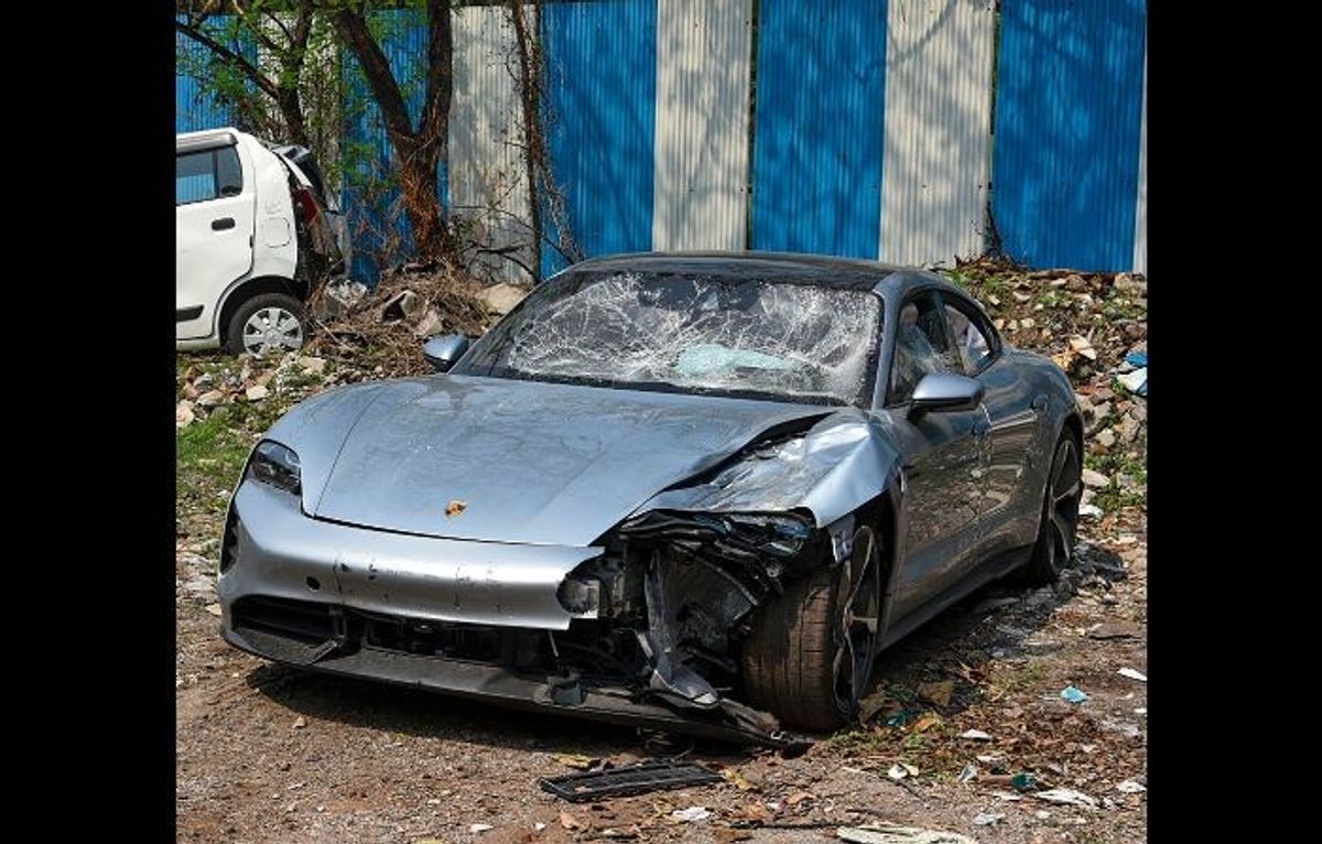 The Porsche car which was allegedly driven by a 17-year-old boy who knocked down two motorbike riders in the western Indian city of Pune on May 19, 2024.