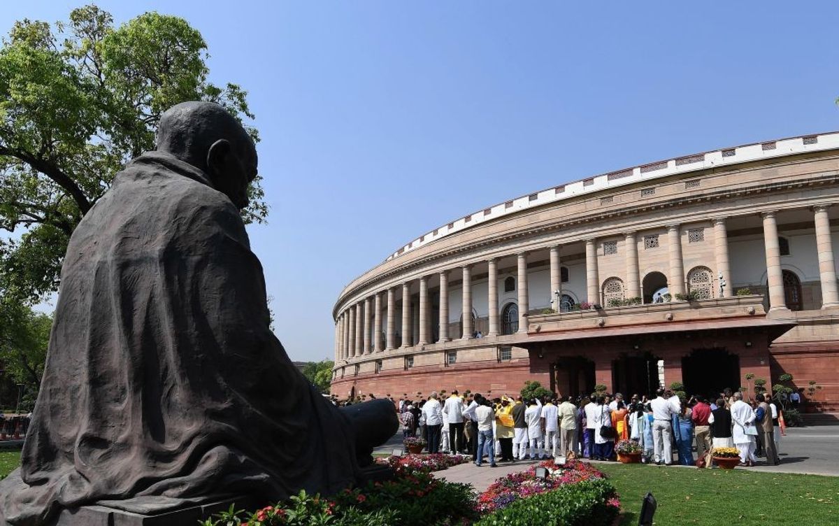The statue of Mahatma Gandhi near the Indian parliament building