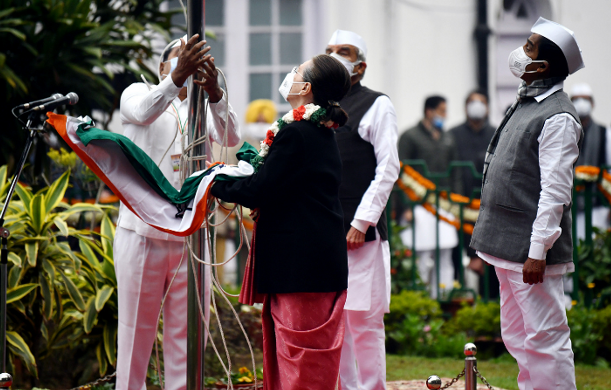India's Congress party flag falls down at foundation day event