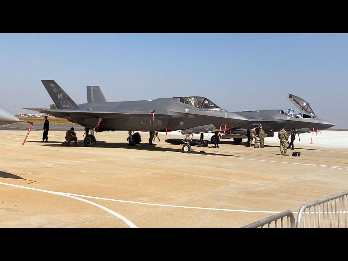The US's F35 fighter aircraft on display at Aero India 2023 in Bengaluru, India