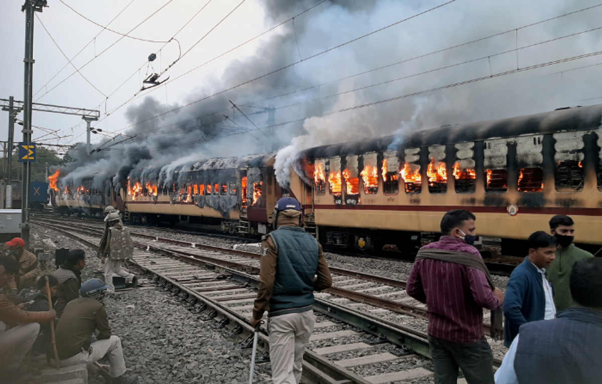 Trains set on fire in Bihar in India
