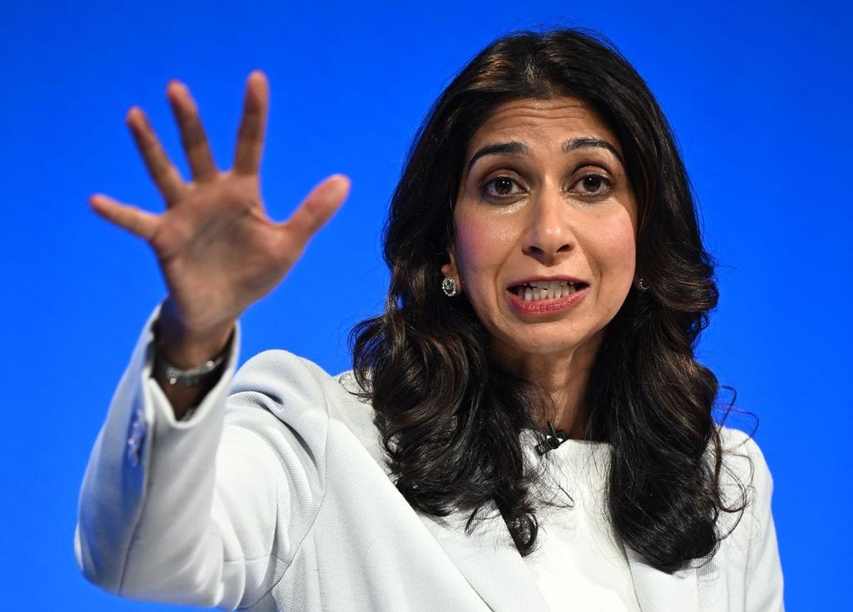 UK home secretary Suella Braverman addresses delegates at the annual Conservative Party Conference in Manchester, northern England,