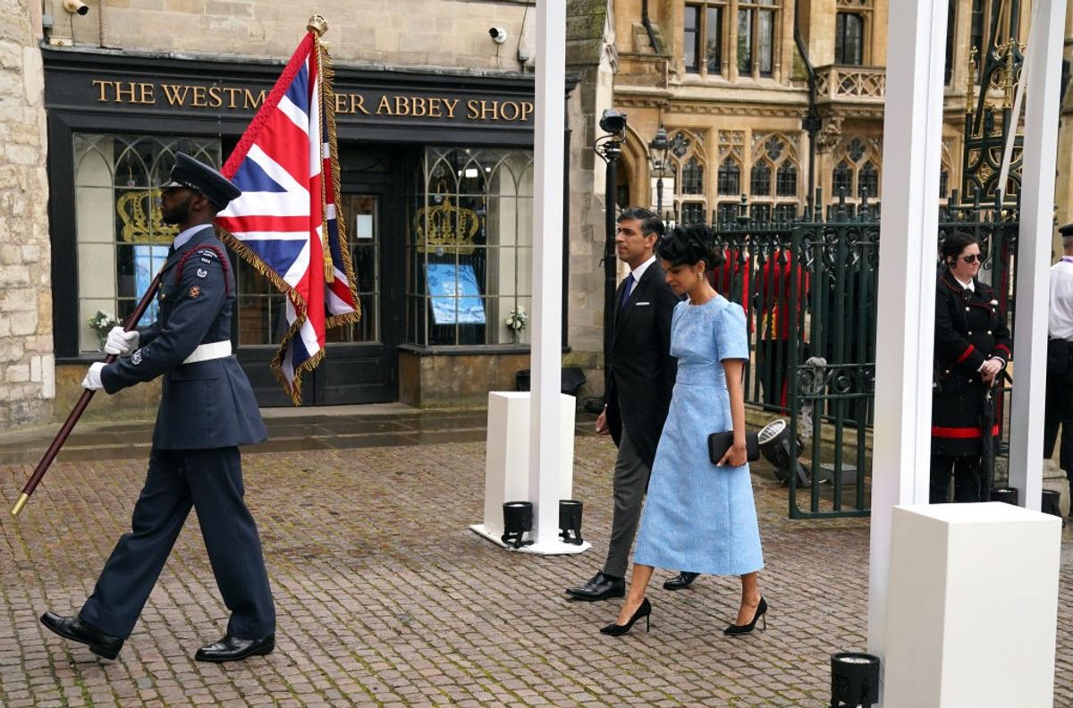 UK PM Rishi Sunak and his wife Akshata Murty arrive for King Charles III coronation at Westminster Abbey on May 6, 2023
