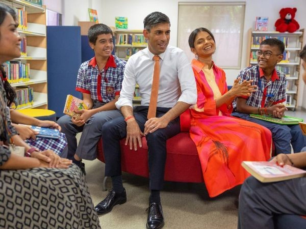 UK prime minister Rishi Sunak and his wife Akshata Murty meet the students during their visit to the British Council, in New Delhi, India, on Friday, September 8, 2023. Sunak and Murty reached India for the G20 summit