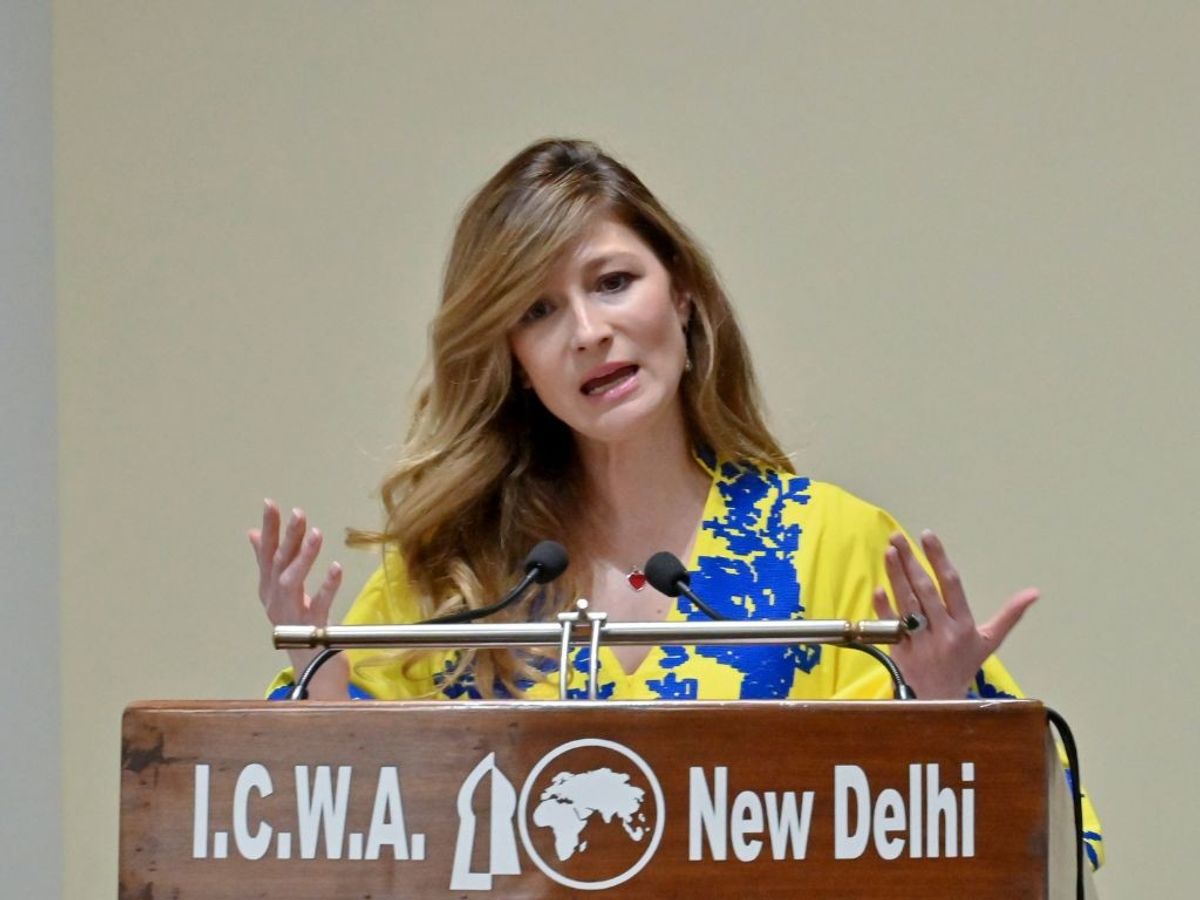 Ukraine's first deputy foreign minister Emine Dzhaparova speaks at an event in New Delhi
