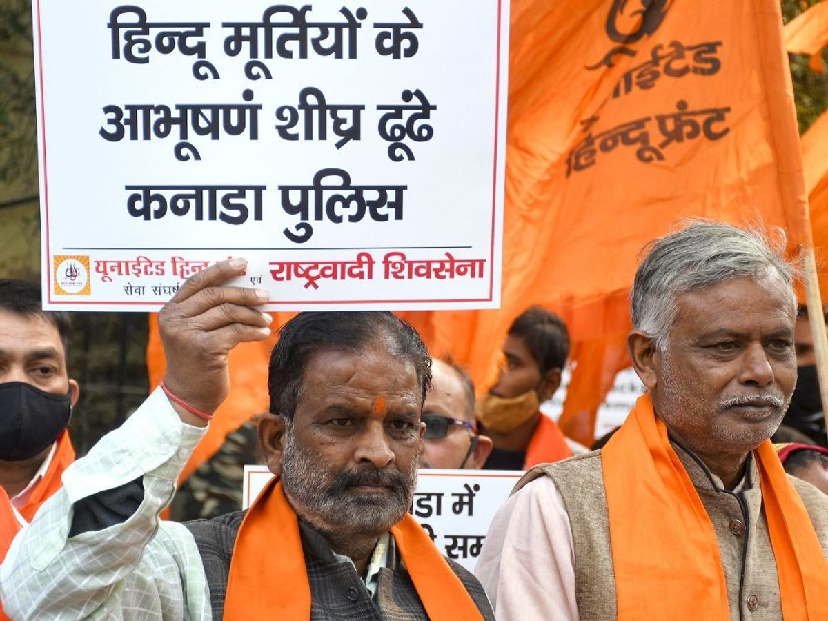 United Hindu Front supporters protest against alleged attacks on a Hindu temple in Canada